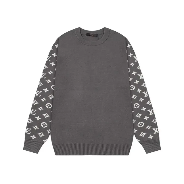 Louis Vuitton Monogram Knit Sweater Grey with White Monogram Sleeves