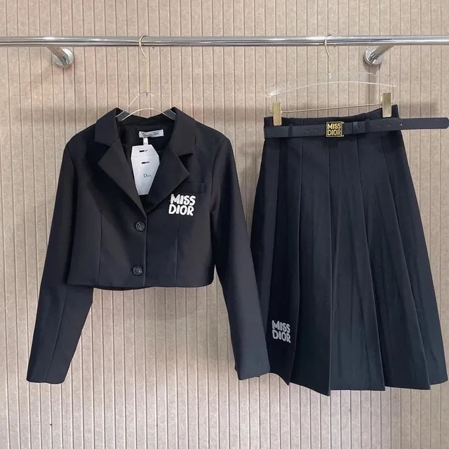 Miss Dior Cropped Blazer & Pleated Skirt Set Logo Embroidered