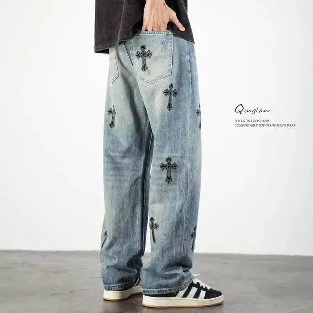 Chrome Hearts Cross Embroidered Jeans Light Wash with Black Crosses