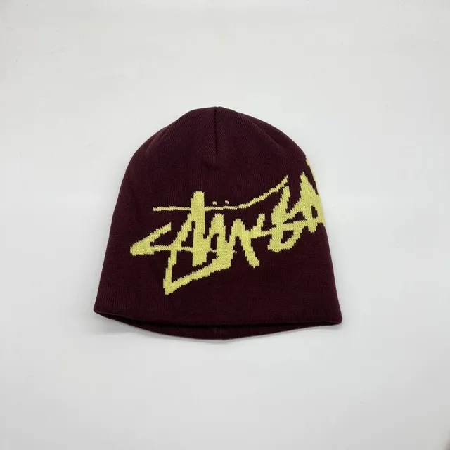 Stüssy Logo Beanie Maroon with Yellow Script