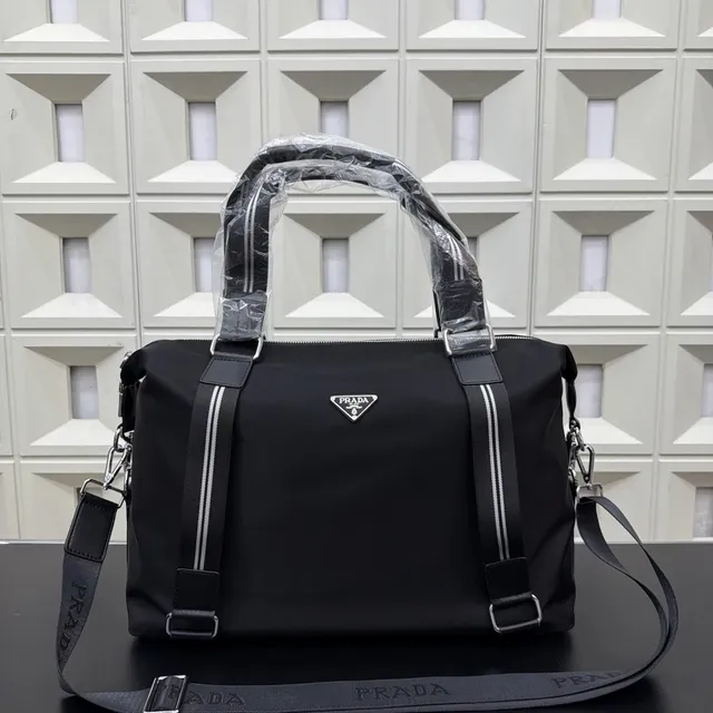 Prada Nylon Duffel Bag Black with White Stripes