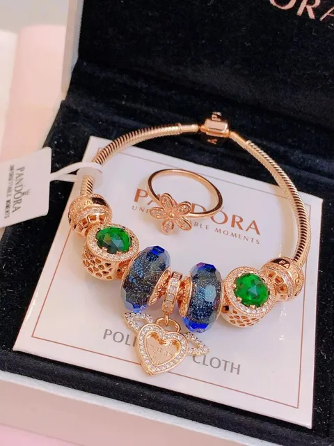 Pandora Snake Chain Bracelet Emerald & Blue Crystal Charm Set