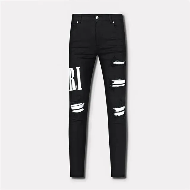 Distressed Logo Jeans Black with White Graphic