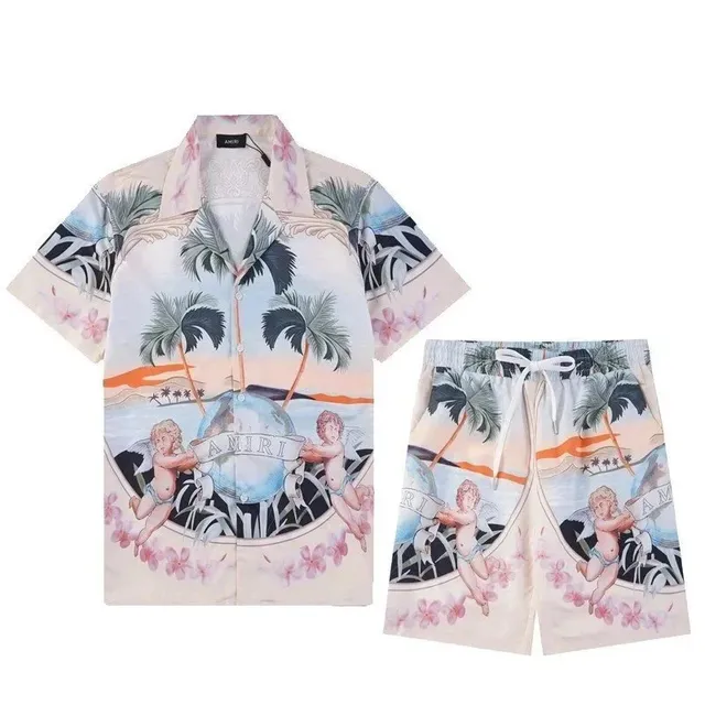 Amiri Hawaiian Shirt and Shorts Set Angel Palm Print