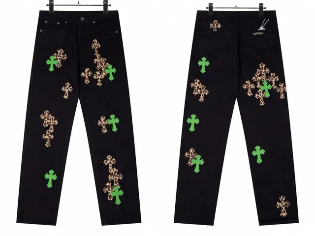 Chrome Hearts Cross Patch Jeans Leopard and Green Cross Appliqué