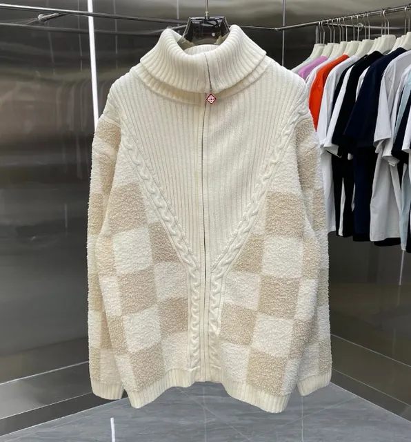 Zip-Up Knit Sweater Checkerboard Cable-Knit