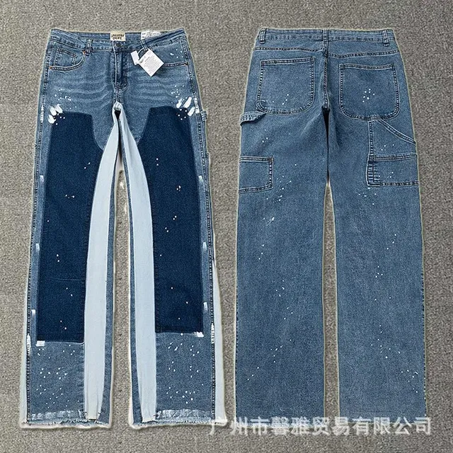Patchwork Denim Trousers Distressed Paint-Splatter