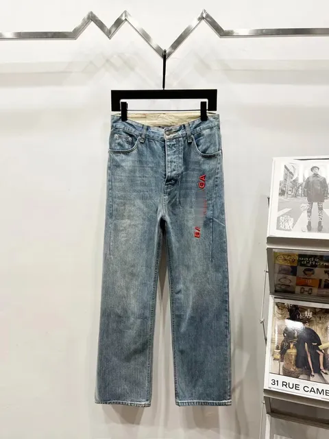 Balenciaga Straight Leg Jeans Red Logo Print