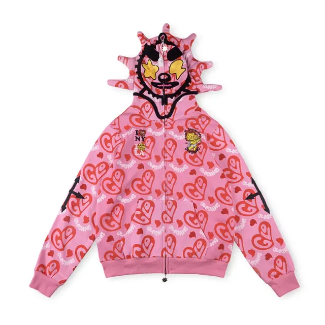 Gallery Dept. Zip-Up Hoodie Heart Print with Spiky Hood