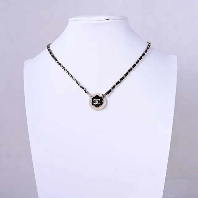 Chanel Camellia Pendant Necklace Black Enamel CC