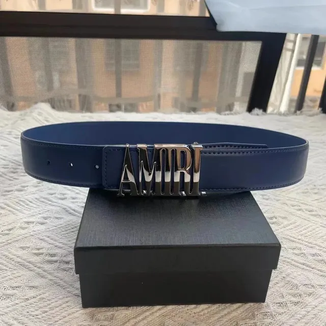 Amiri Logo Buckle Belt Navy Leather