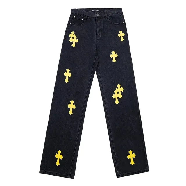 Chrome Hearts Cross Patch Jeans Yellow Cross Appliqué