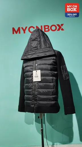 Black Hooded Down Jacket with White Label